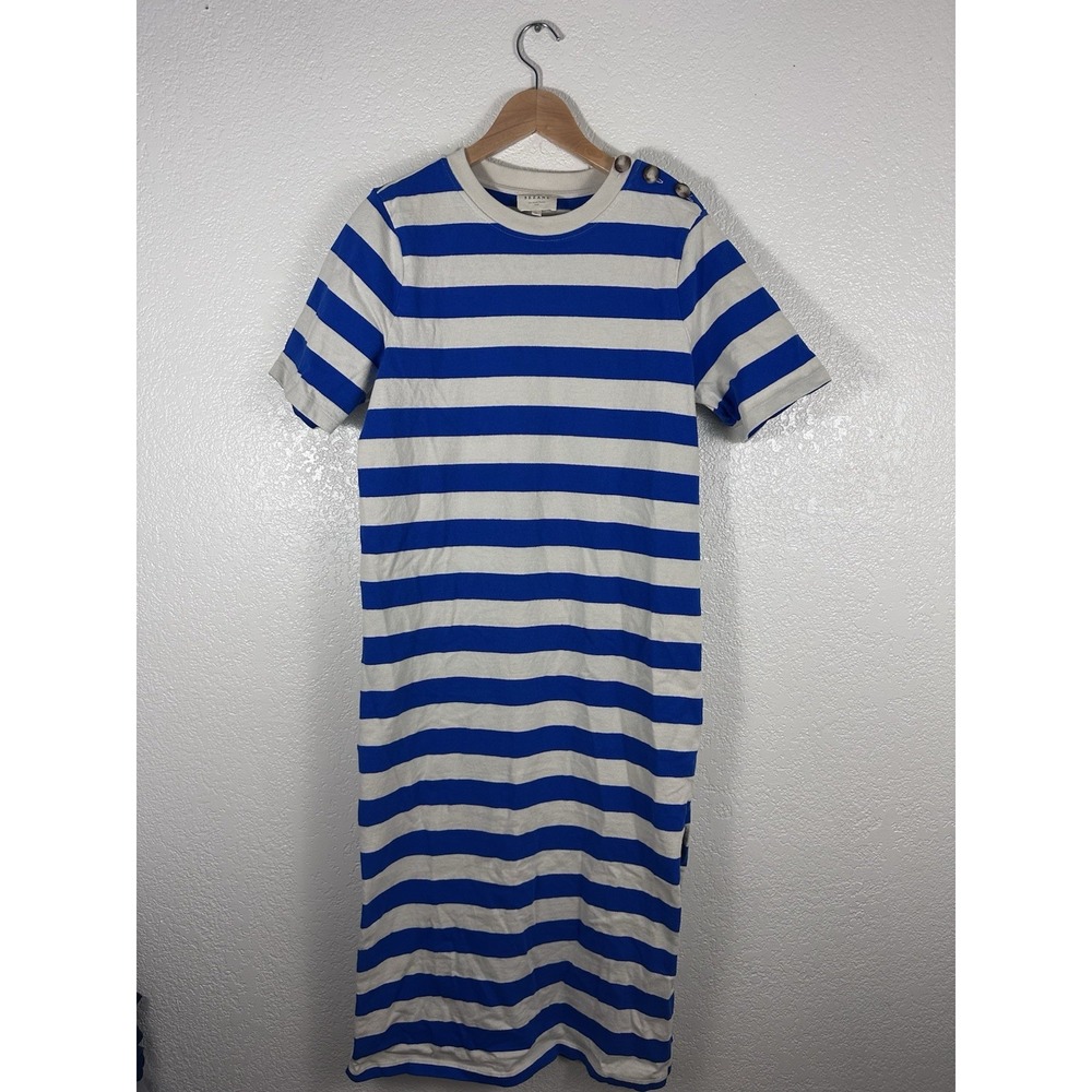 Sézane L Blue Cream Striped Cotton T-Shirt Midi Dress Shoulder Buttons Side Slit
